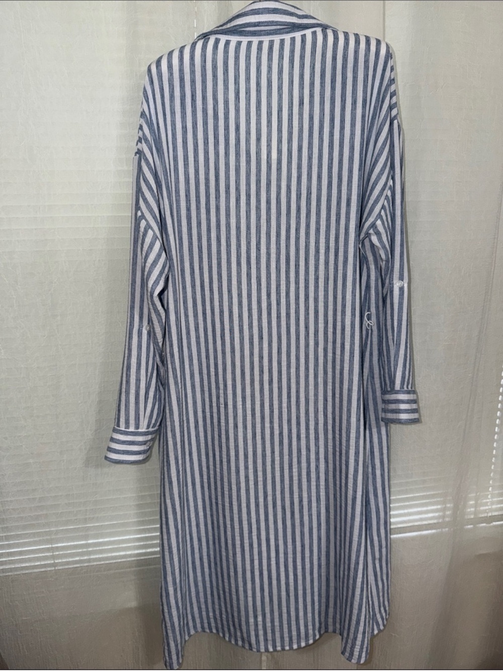 Falling Flower L Blue and White Striped Button-Up Tab Long Sleeve Shirt Dress - Picture 4 of 14